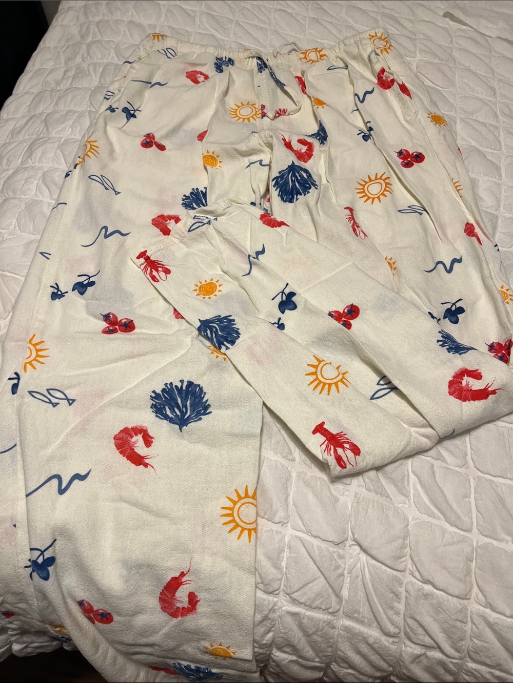Cream Wide-Leg Beach-Print Lounge Pants